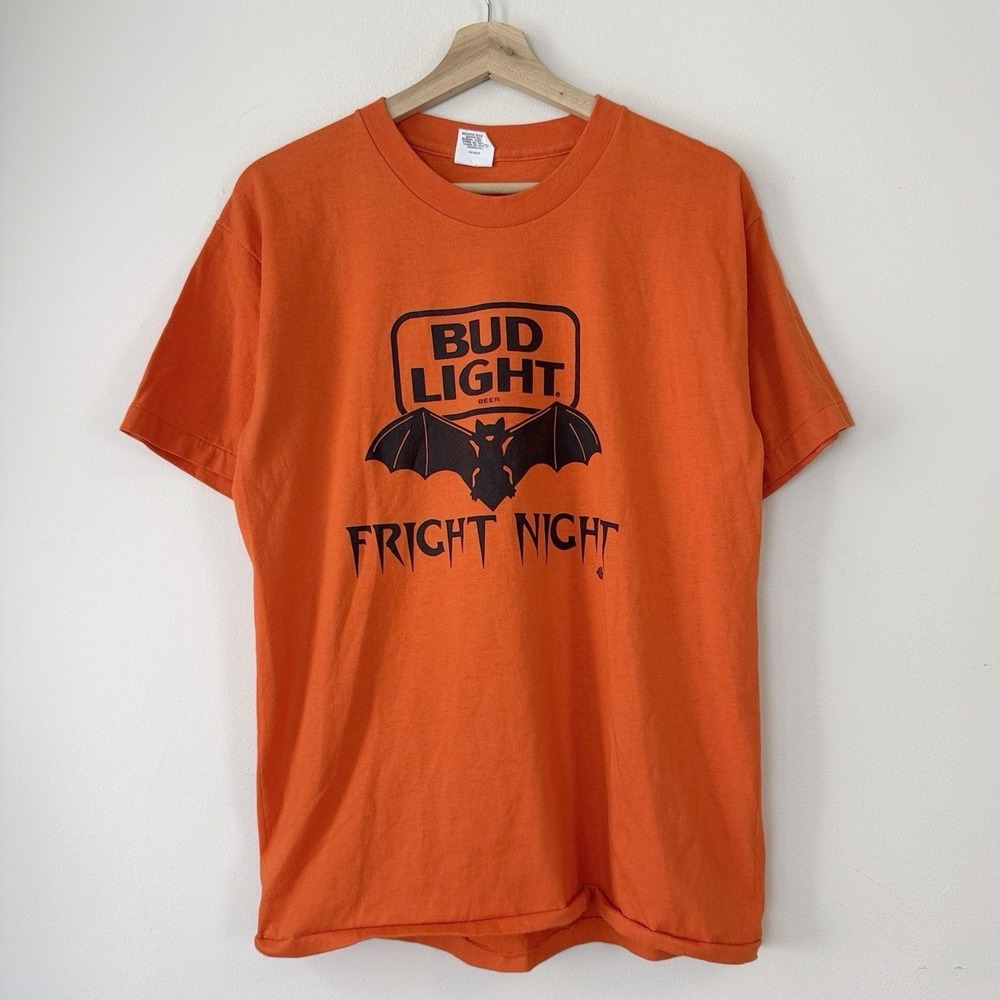 Vintage 80's Bud Light Fright Night Bat Beer RARE Single Stitch Orange Tee Shirt